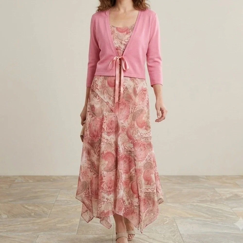 Y2K Fairycore Dressbarn Pink Paisley Midi Dress & Tie-Front Cardigan Size 4